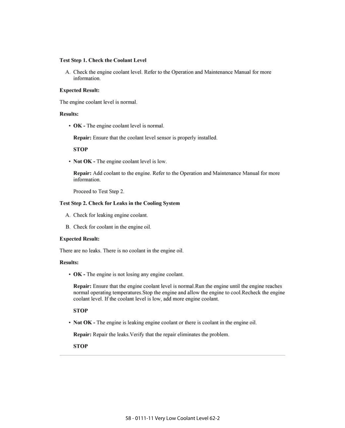 CAT Coolant Level DTC — 0111-11 Very Low Coolant Level 62 — PDF, - page 2 is available after signing in
