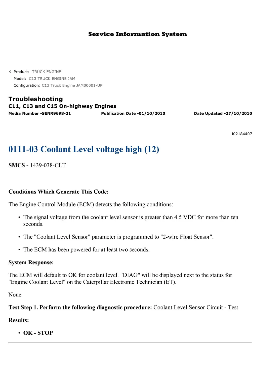 CAT coolant level voltage — Diagnostic Trouble Code 0111-03 for - page 1 is available after signing in
