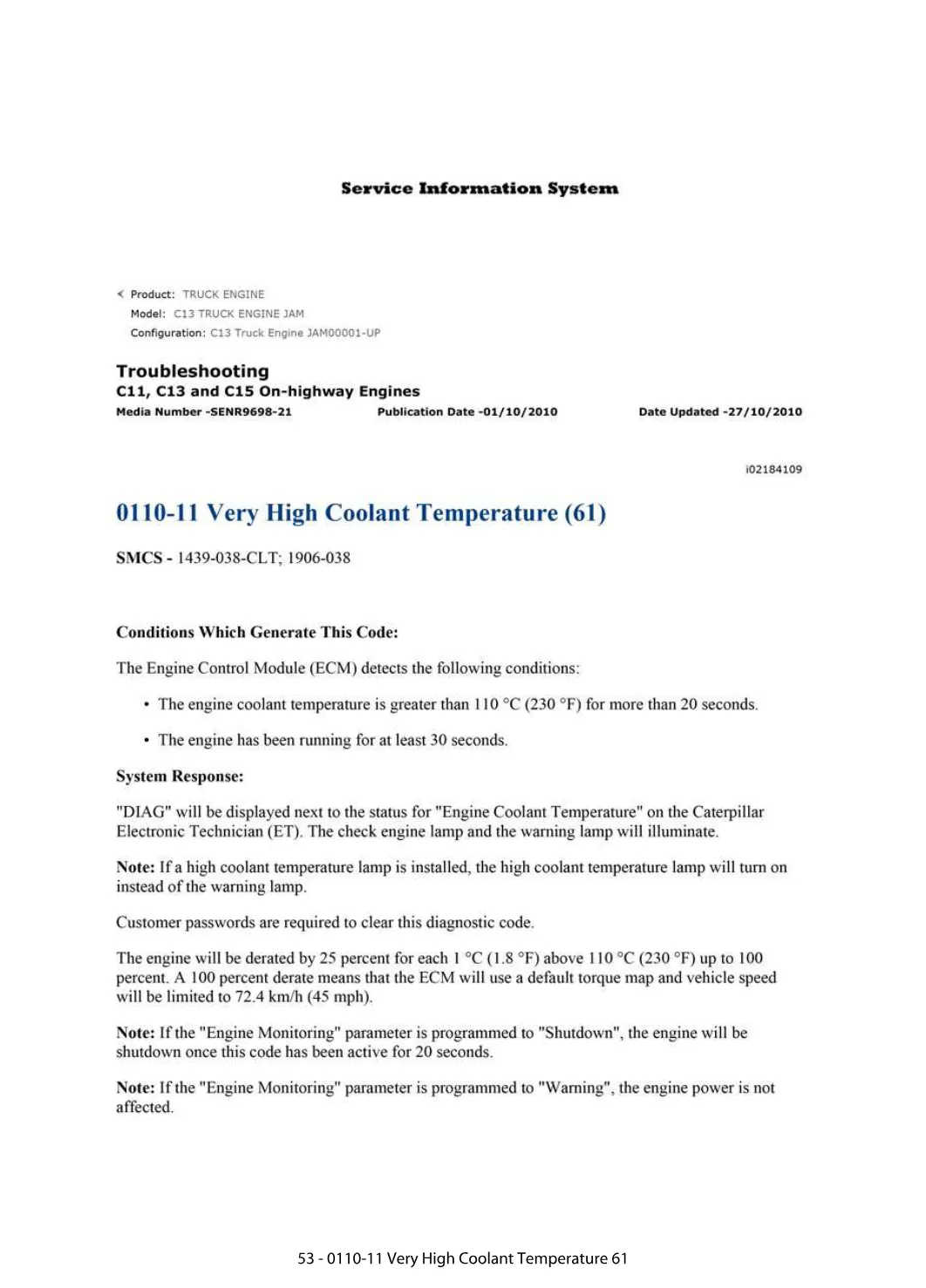 CAT Coolant Temperature DTC — 0110-11 Very High Coolant – Service - preview page 1 of 2