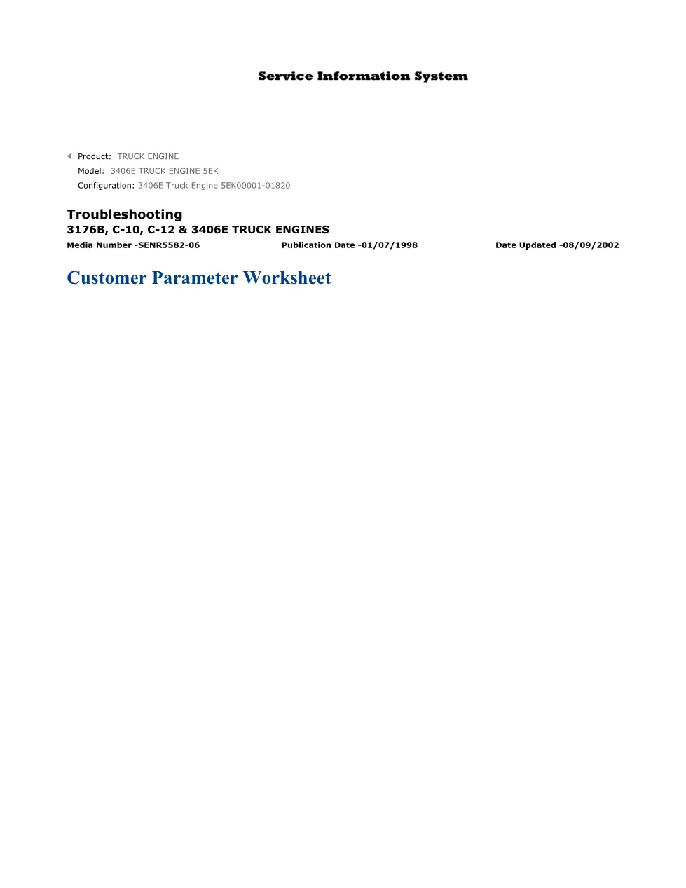 CAT customer parameter worksheet — 3406E C-10 C-12 3176B – Guide - preview page 1 of 3