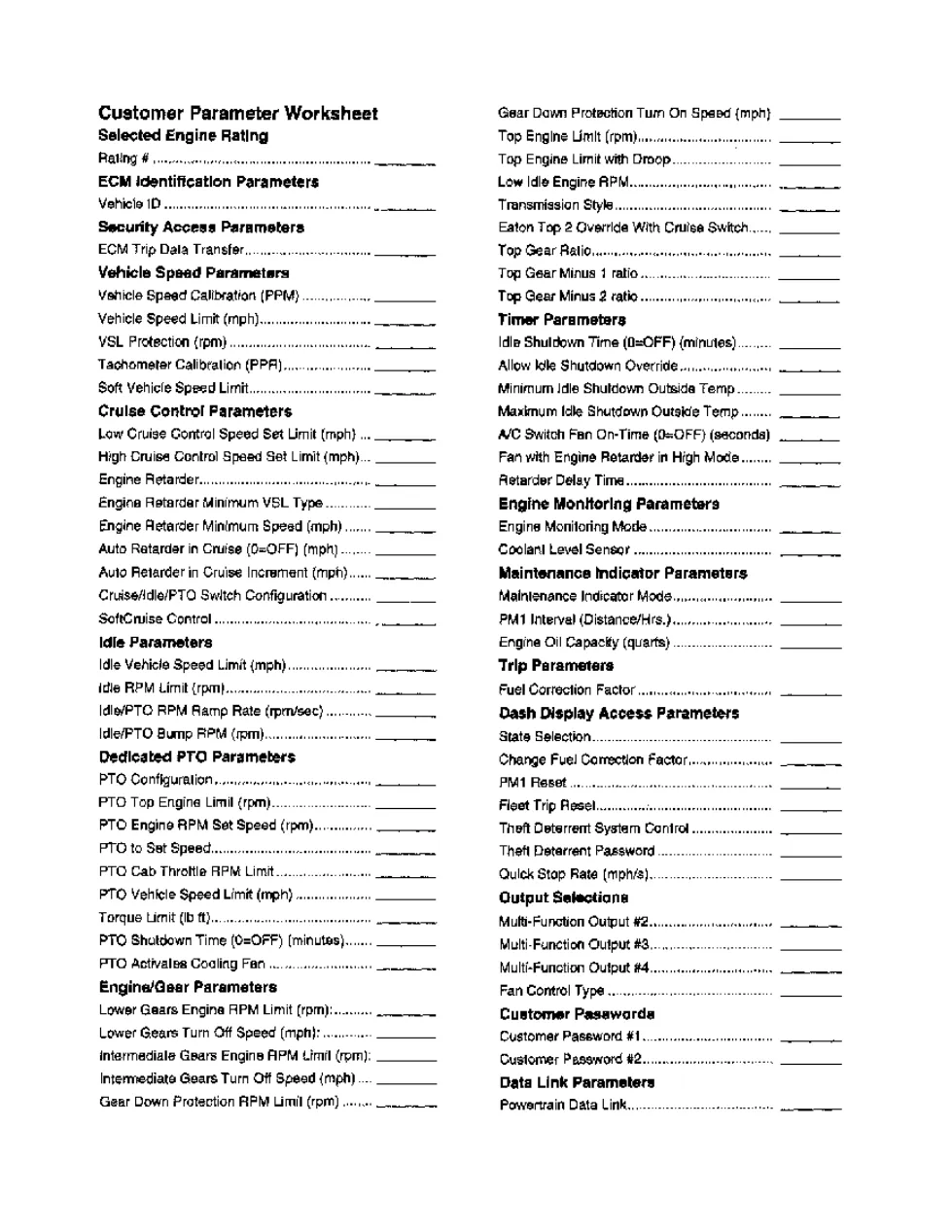 CAT customer parameter worksheet — 3406E C-10 C-12 3176B – Guide - preview page 2 of 3
