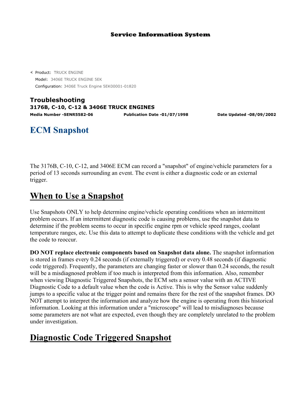 CAT ECM snapshot guide — 3406E C-10 C-12 3176B troubleshooting - preview page 1 of 3