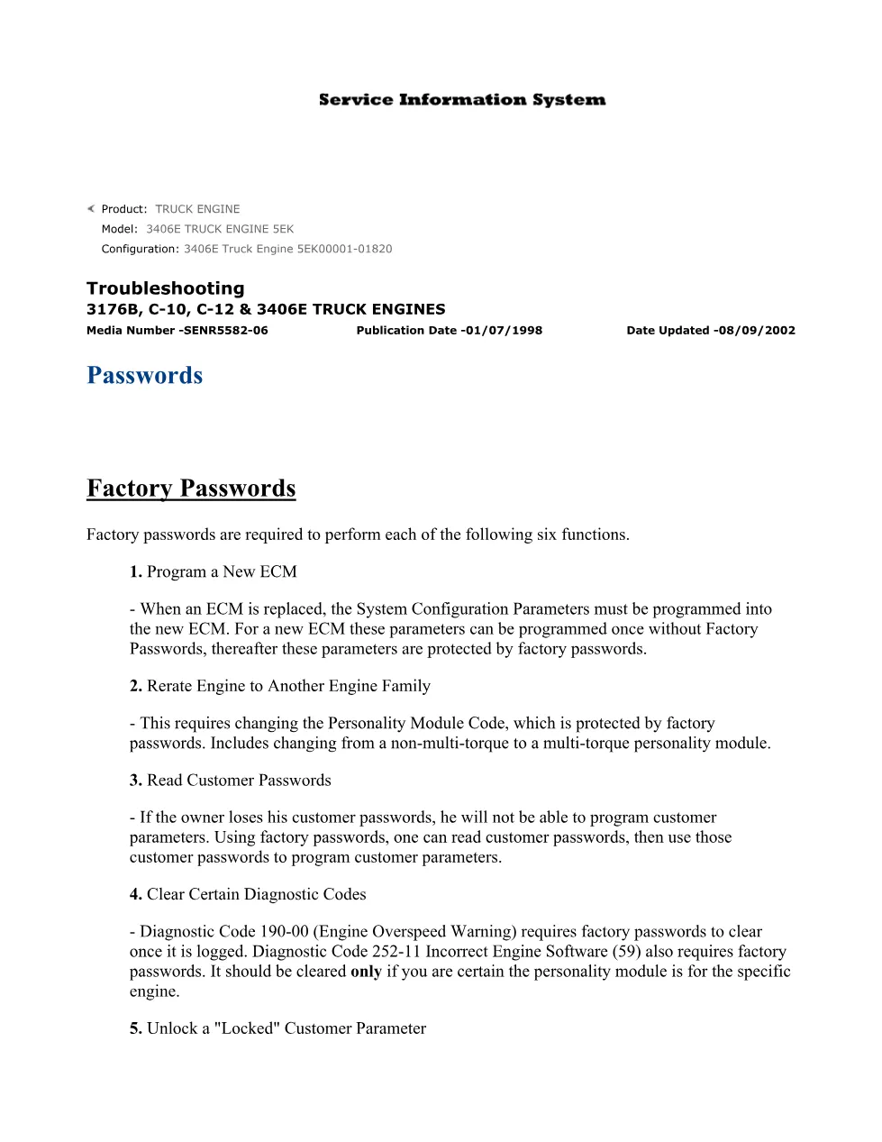 CAT engine factory passwords — 3406E C-10 C-12 3176B SENR5582-06 - preview page 1 of 3