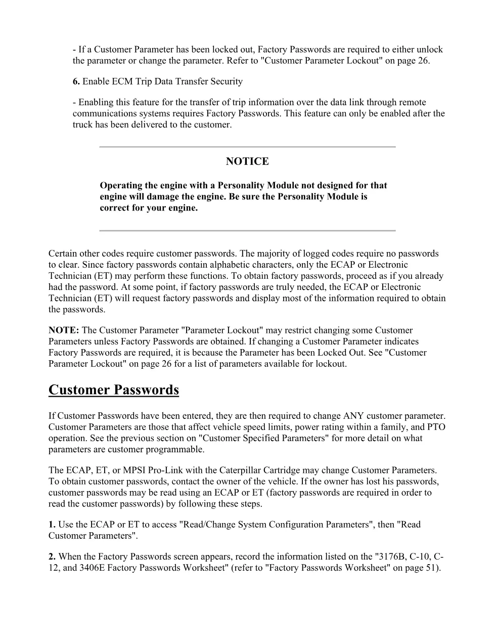 CAT engine factory passwords — 3406E C-10 C-12 3176B SENR5582-06 - preview page 2 of 3