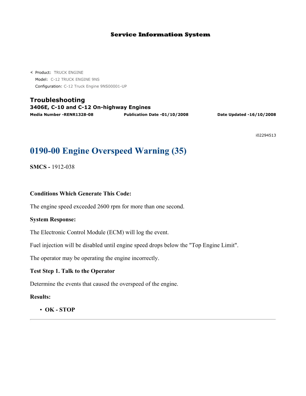 CAT Engine Overspeed Warning — Troubleshooting Guide RENR1328-08 - page 1 is available after signing in
