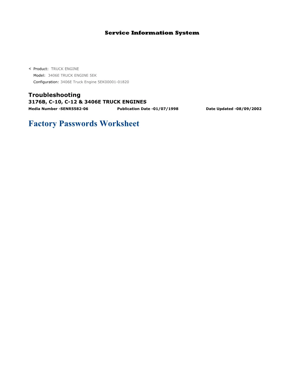 CAT factory passwords worksheet — 3406E C-10 C-12 3176B – Service - preview page 1 of 2