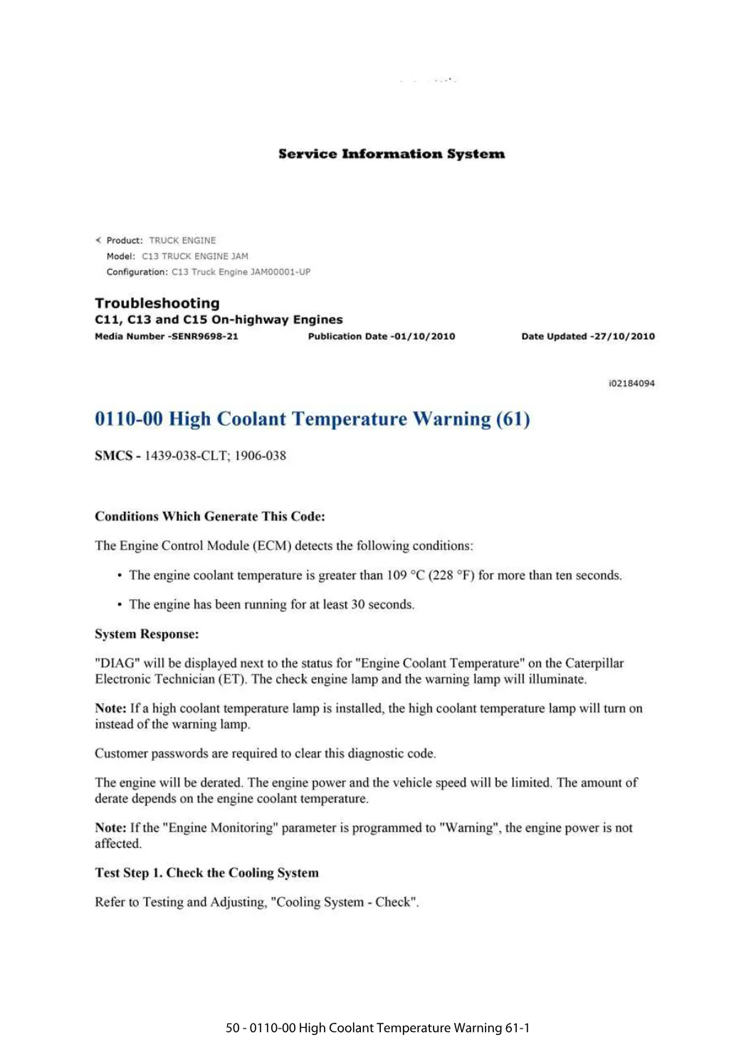 CAT High Coolant Temperature Warning — Diagnostic Trouble Code - preview page 1 of 2