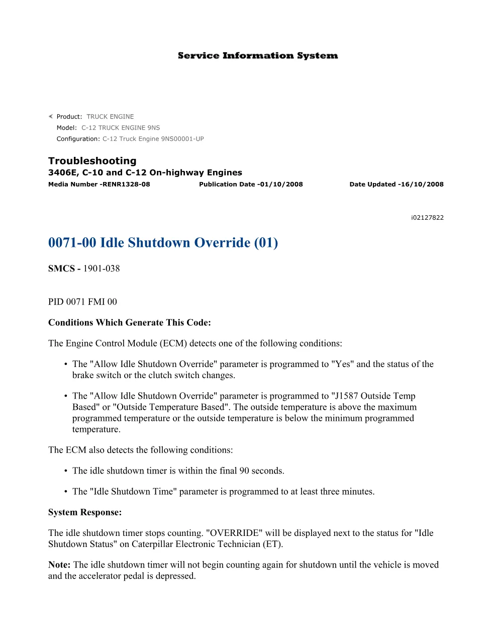 CAT Idle Shutdown Override — Troubleshooting Guide RENR1328-08 - preview page 1 of 2