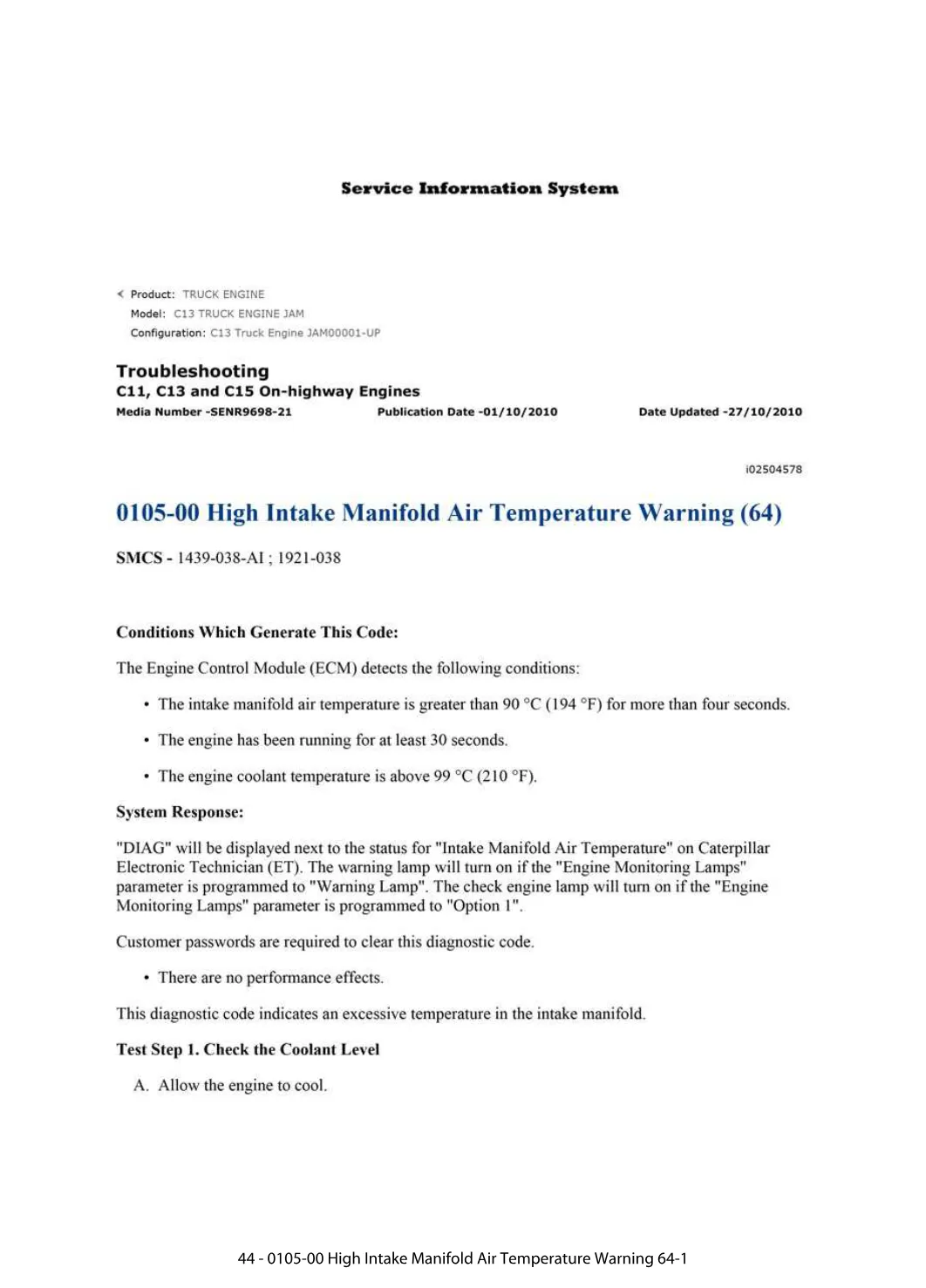CAT Intake Manifold Temperature — DTC 0105-00 Warning Guide — C11 - preview page 1 of 2