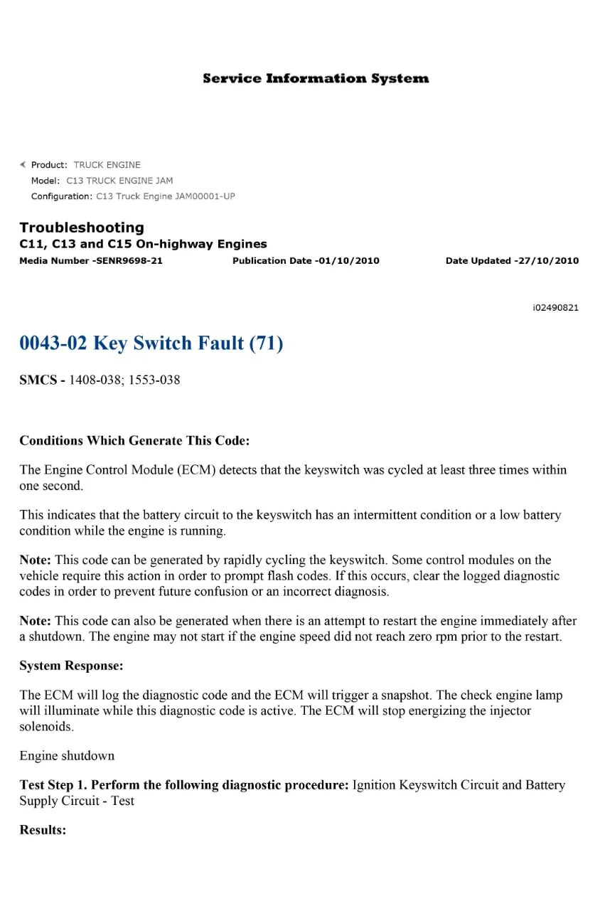 CAT Key Switch Fault — DTC 0043-02 — C11 C13 C15 Diagnostic Guide - page 1 is available after signing in