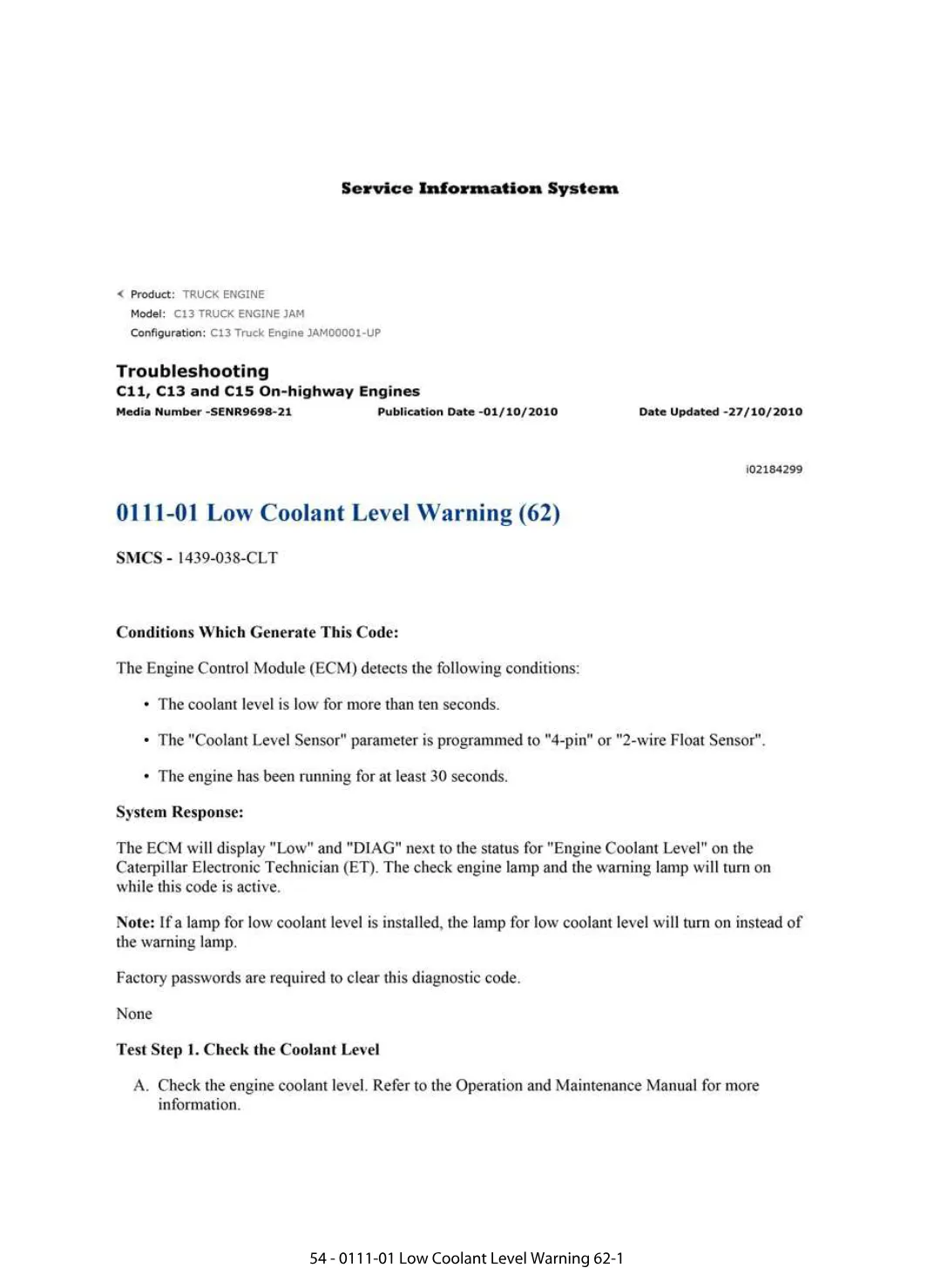 CAT Low Coolant Warning — Diagnostic Trouble Code 0111-01 — PDF, - preview page 1 of 2