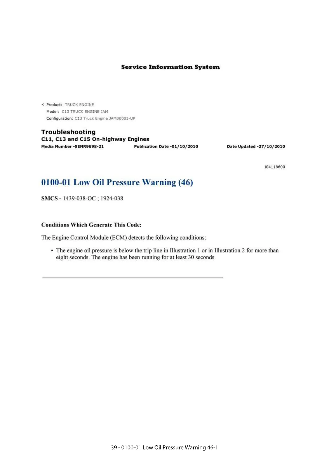 CAT Low Oil Pressure Warning — Diagnostic Trouble Code 0100-01 - preview page 1 of 3