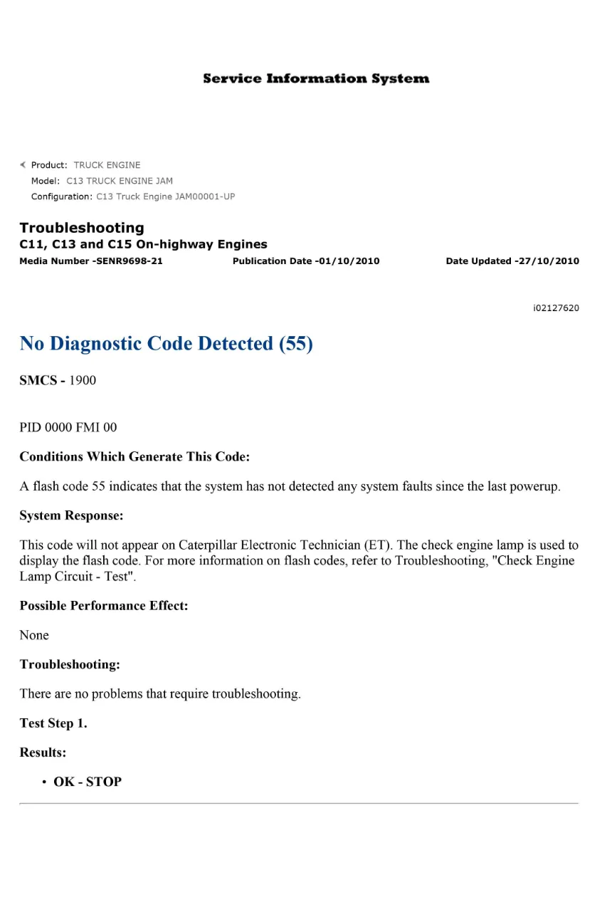 CAT No Diagnostic Code — Troubleshooting Reference for C11 C13 - page 1 is available after signing in