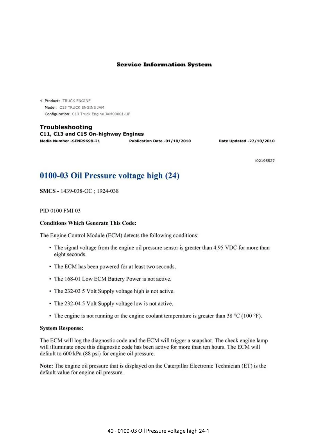 CAT Oil Pressure Voltage — DTC 0100-03 Diagnostic Guide — C11 C13 - preview page 1 of 2