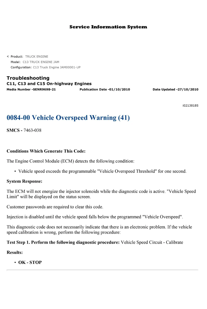 CAT overspeed warning DTC — Vehicle Overspeed Warning 41 — C11 - page 1 is available after signing in