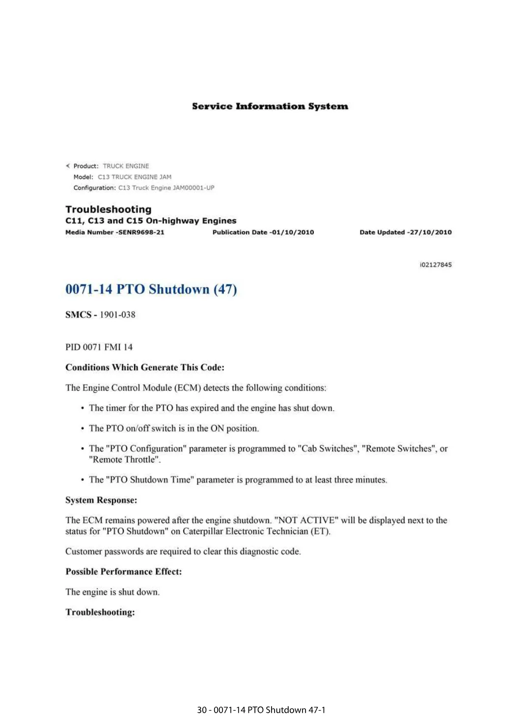 CAT PTO Shutdown Diagnostic — Fault Code 0071-14, C11 C13 C15 - preview page 1 of 2