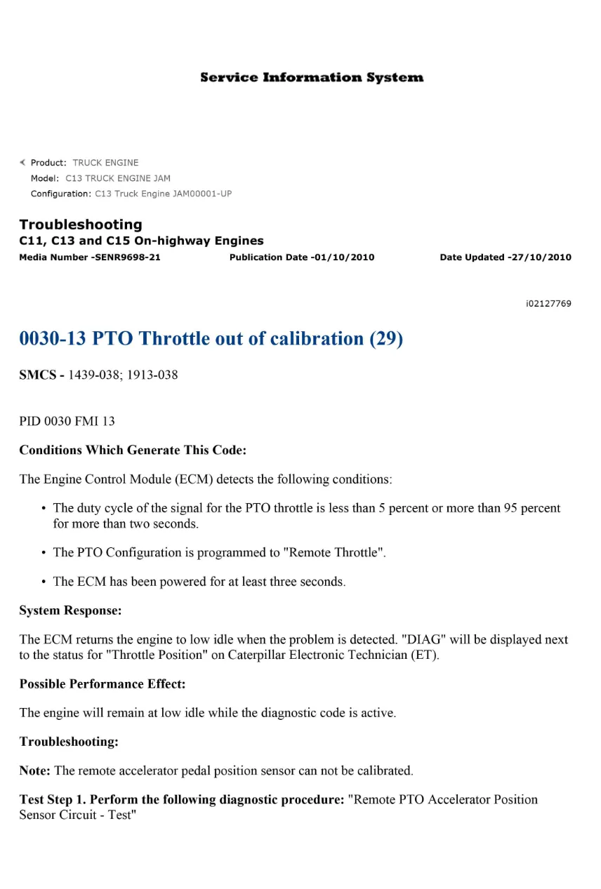 CAT PTO Throttle Calibration — DTC 0030-13 Diagnostic Guide — C11 - page 1 is available after signing in