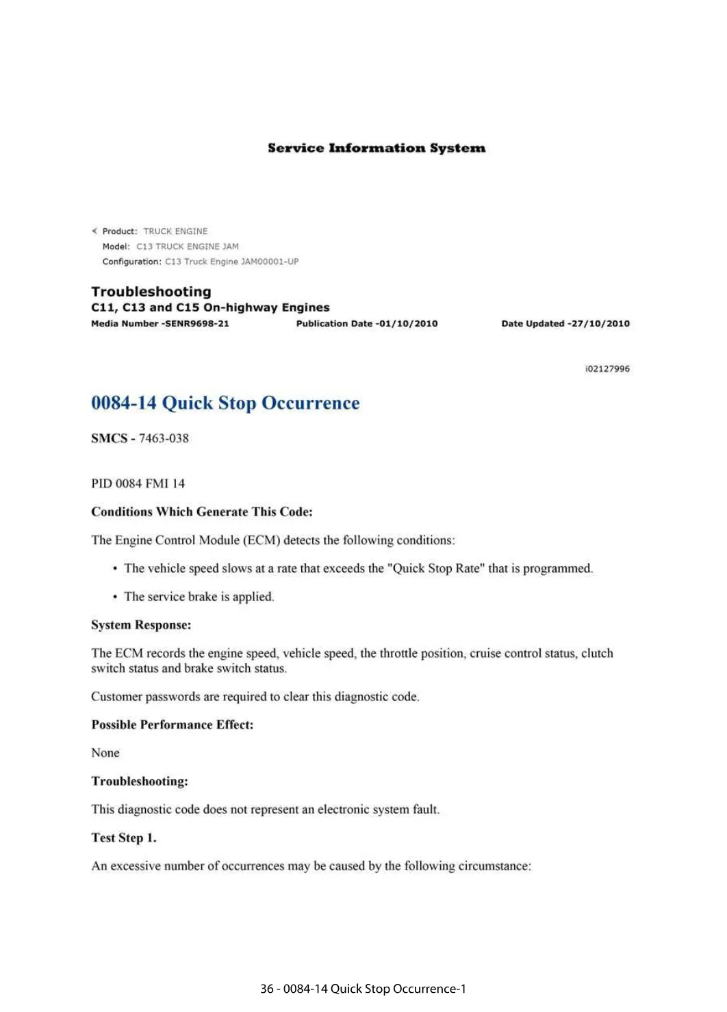 CAT Quick Stop Occurrence — DTC Reference 0084-14 — C11 C13 C15 - preview page 1 of 2