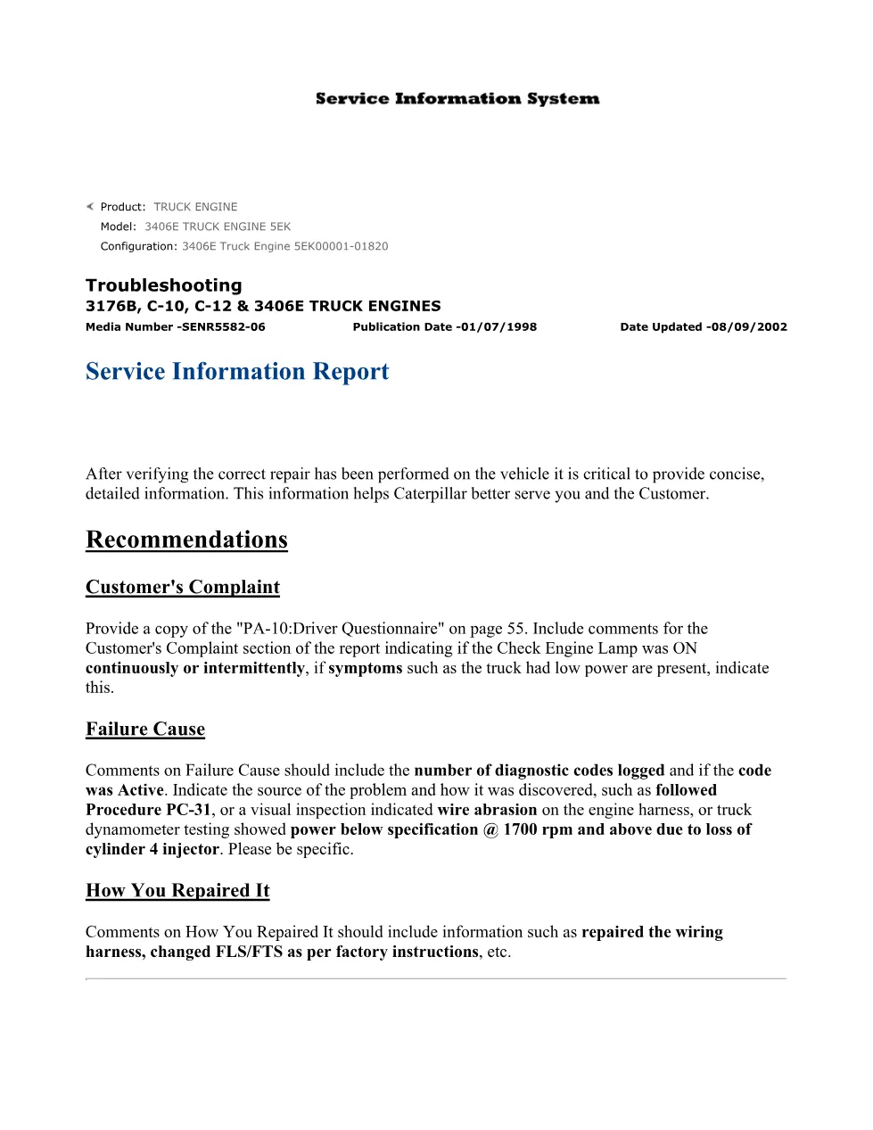 CAT service information report guide — 3406E C-10 C-12 3176B - page 1 is available after signing in