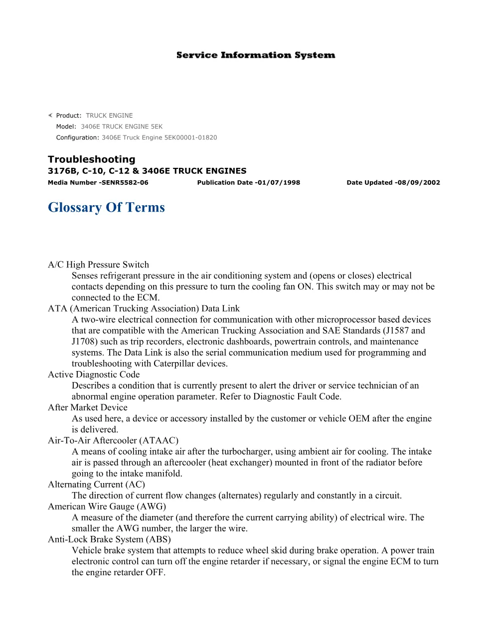 Caterpillar engine glossary terms — 3406E C-10 C-12 3176B – Guide - preview page 1 of 6