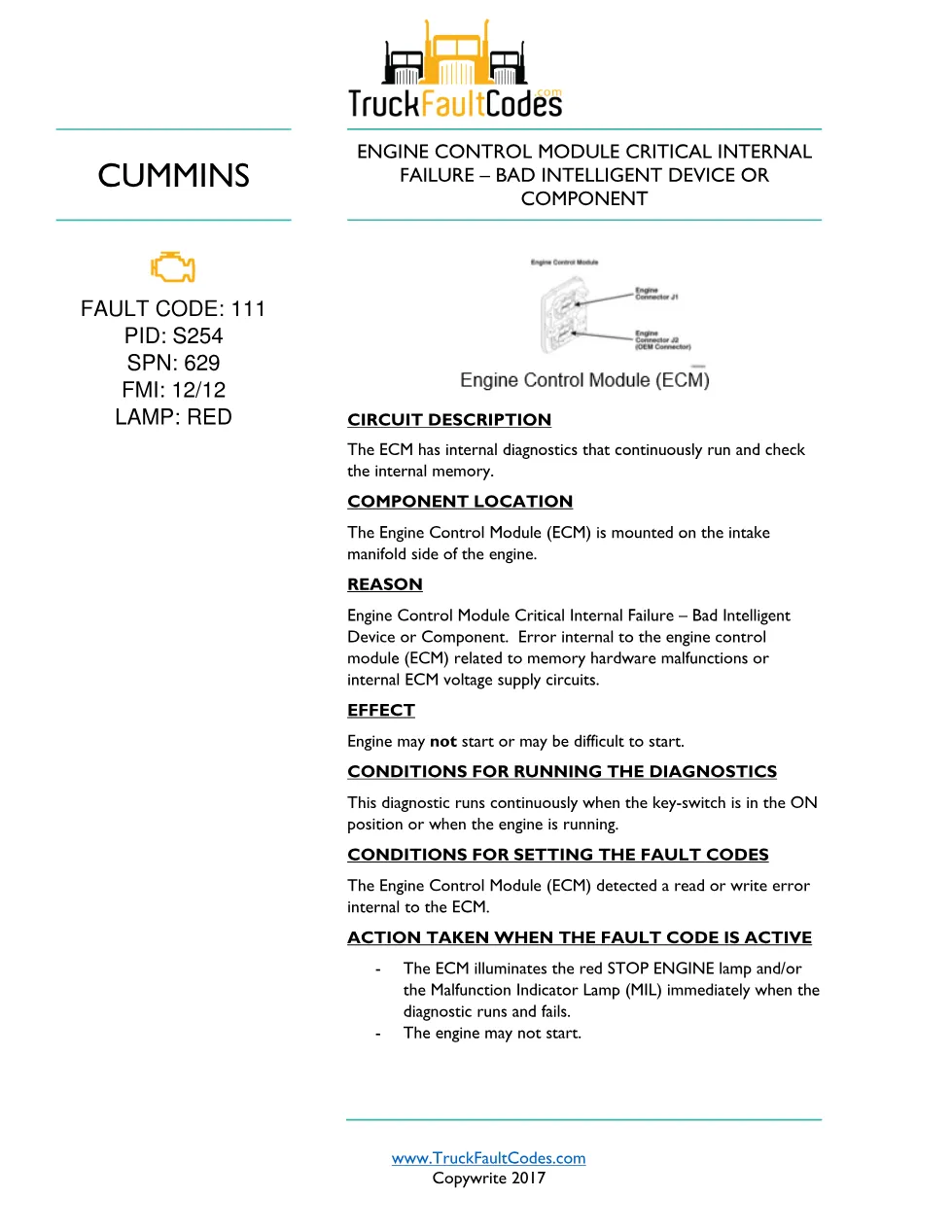 code 111 DTCs troubleshooting manual — ISB6.7 CM2350 ECM - preview page 1 of 3