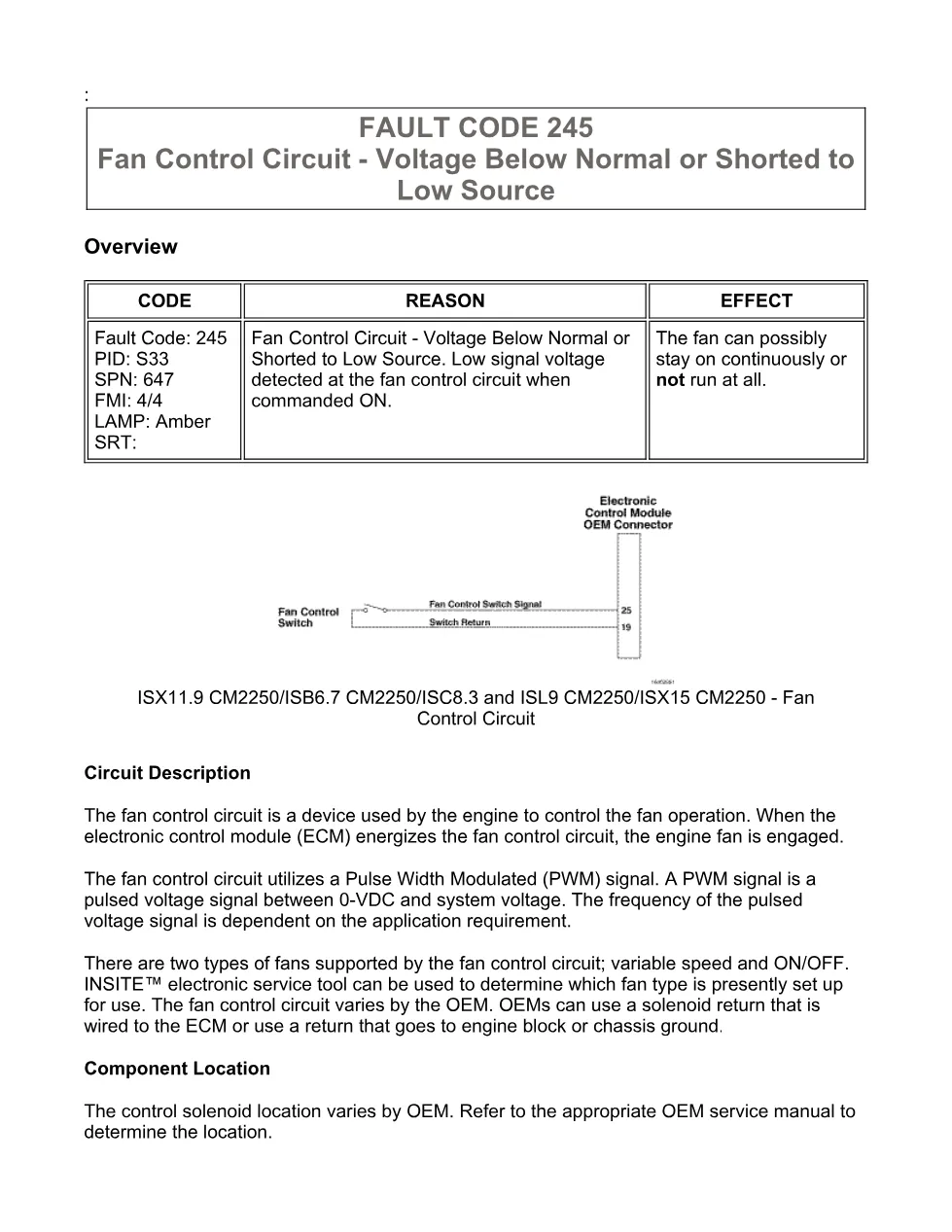 code 245 DTCs manual — Fan Control Circuit (SPN 647, FMI - preview page 1 of 6