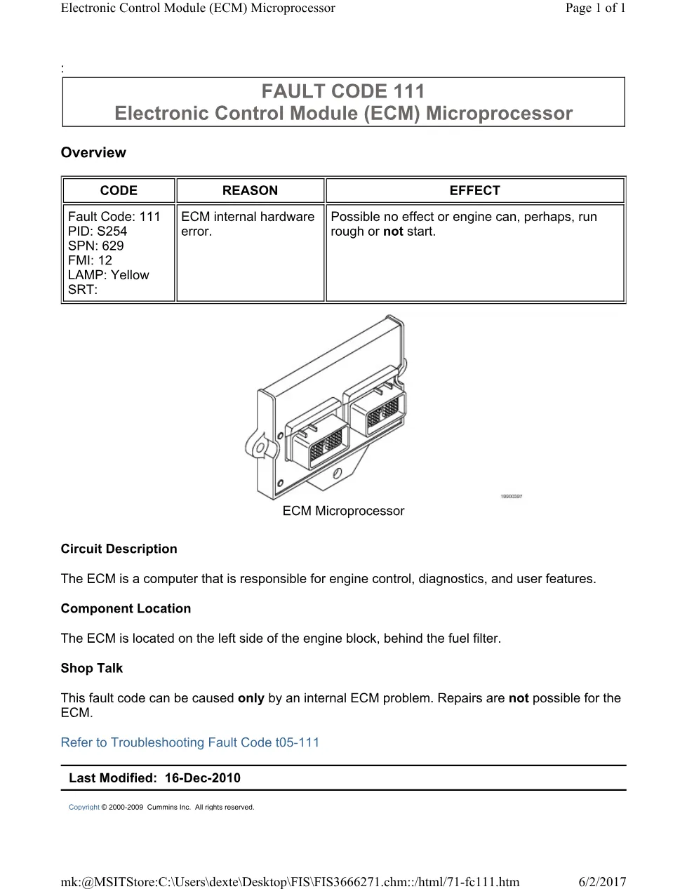 Cummins 111 ECM ? fault code 111 electronic control module - page 1 is available after signing in