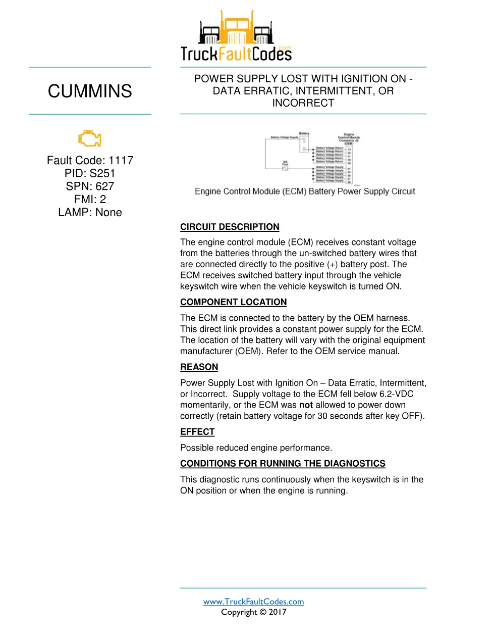Cummins 1117 fault code troubleshooting manual — Fault Code 1117 - preview page 1 of 3