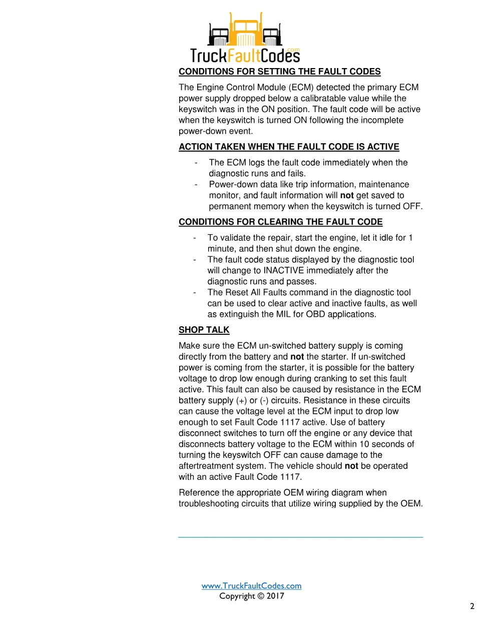 Cummins 1117 fault code troubleshooting manual — Fault Code 1117 - preview page 2 of 3