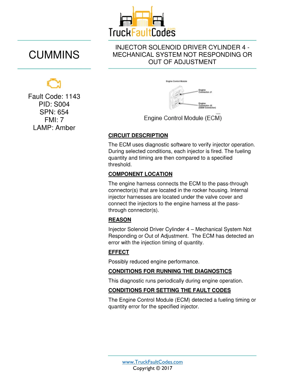 Cummins 1143 fault code troubleshooting manual — ISB6.7 CM2350 - preview page 1 of 3