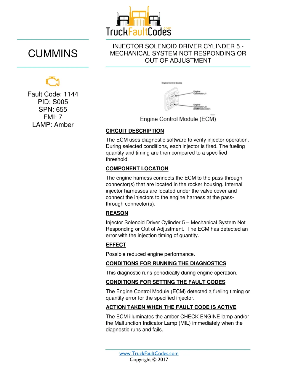 Cummins 1144 troubleshooting DTCs — Fault Code 1144 — PDF, 7 pages - preview page 1 of 3