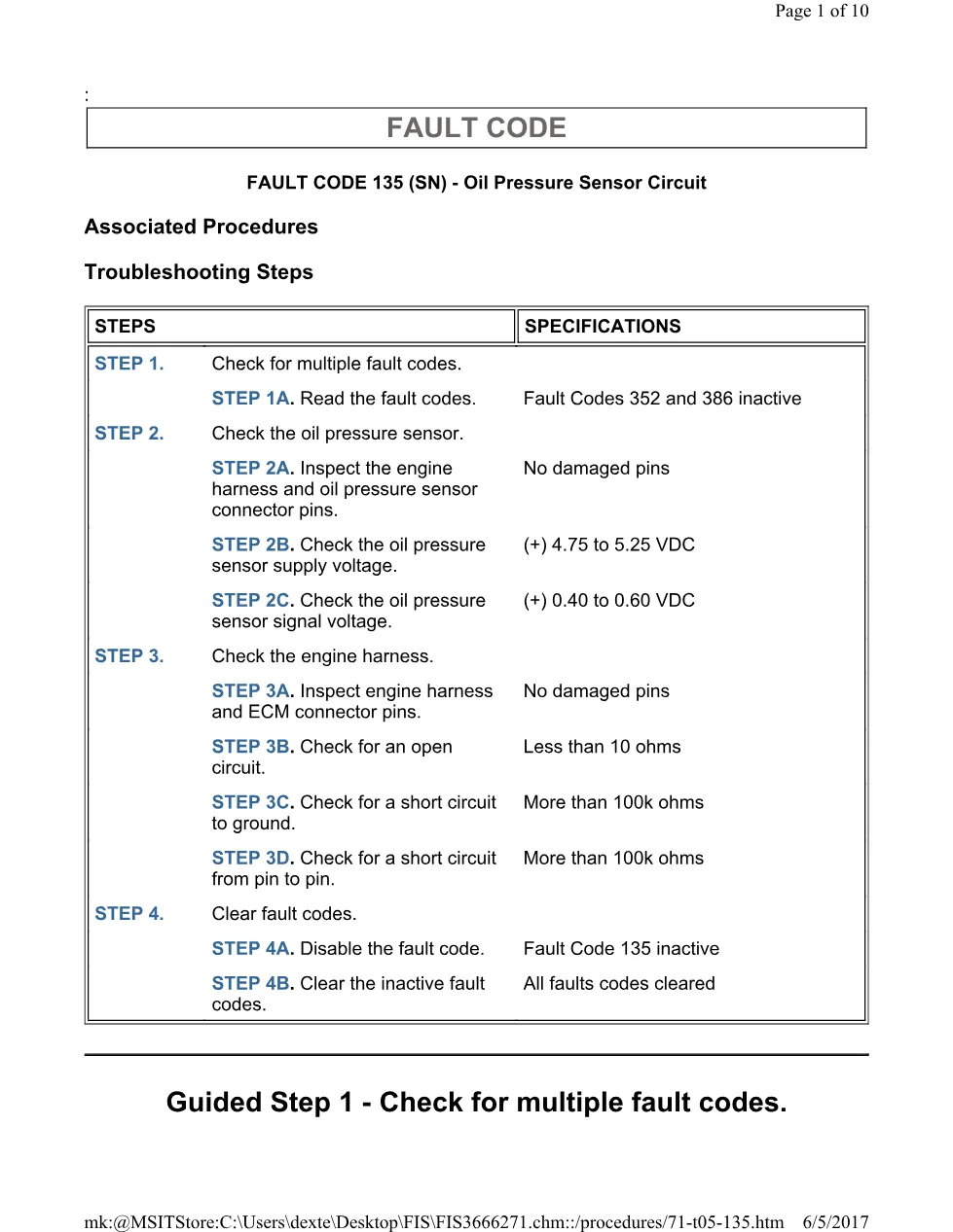 Cummins 135 oil test ? fault code 135 oil pressure sensor – Guide - preview page 1 of 3