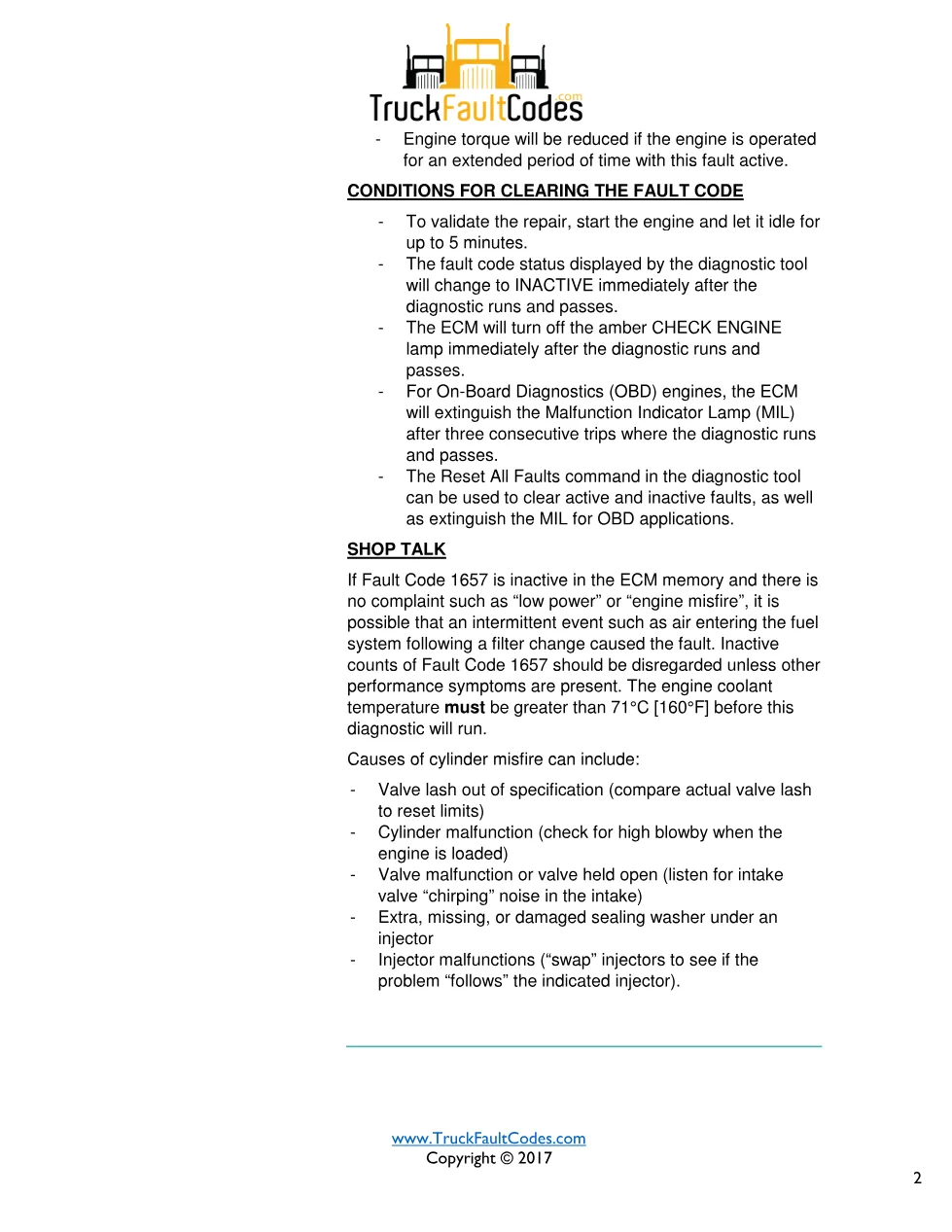 Cummins 1657 fault troubleshooting document — Fault Code 1657 - preview page 2 of 3