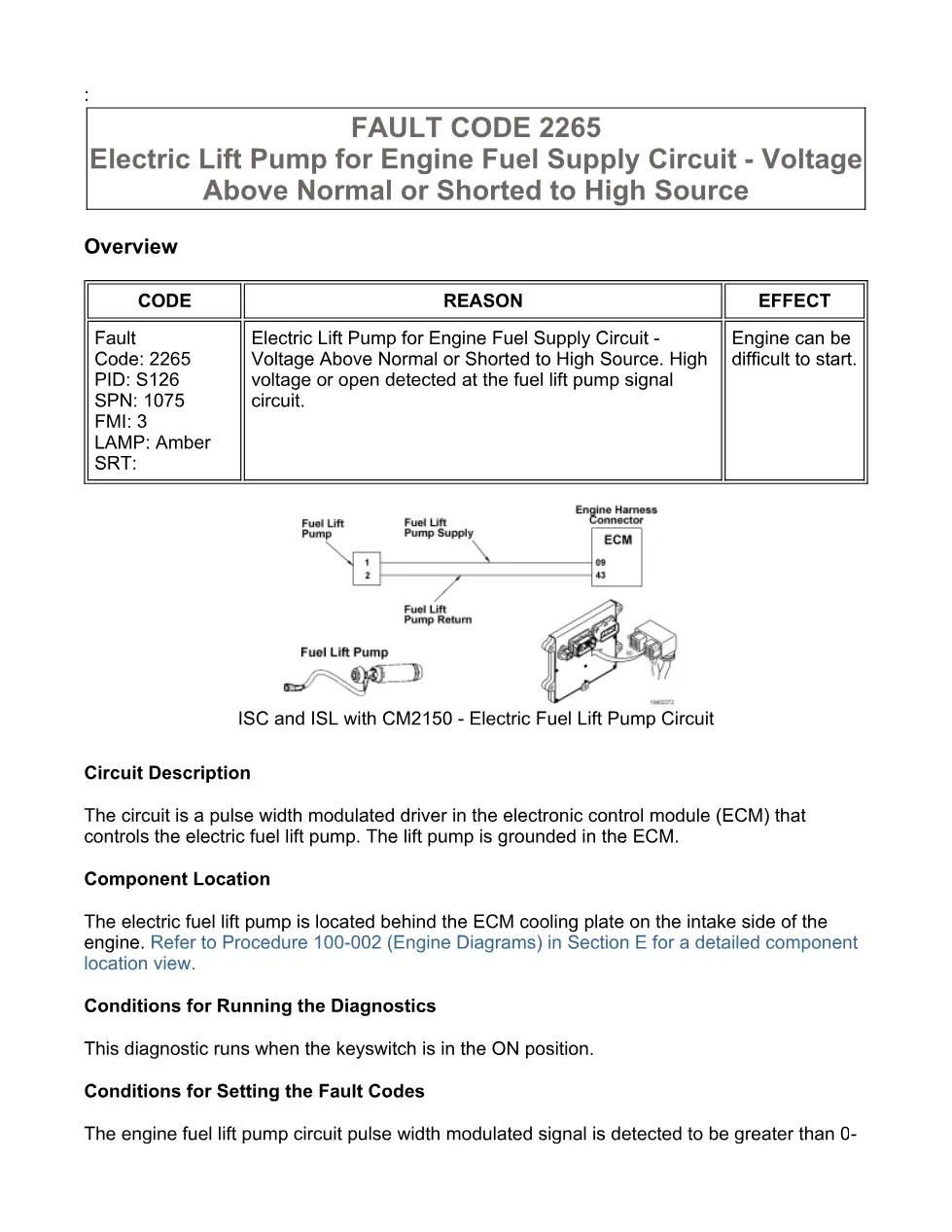 Cummins 2265 troubleshooting — Fault Code 2265 Electric Lift Pump - preview page 1 of 3