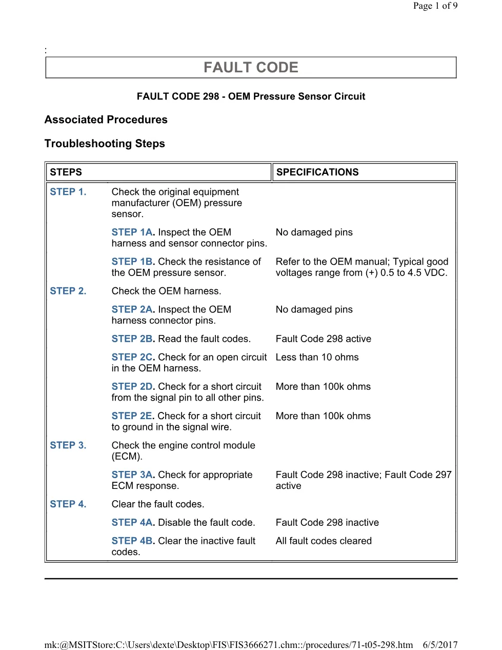 Cummins 298 pressure test ? fault code 298 OEM pressure sensor - preview page 1 of 3