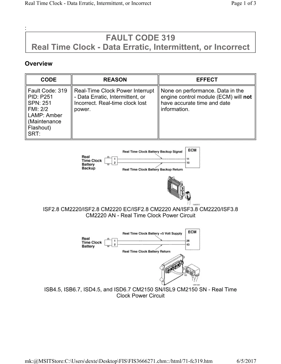 Cummins 319 clock power ? fault code 319 real time clock power - preview page 1 of 3