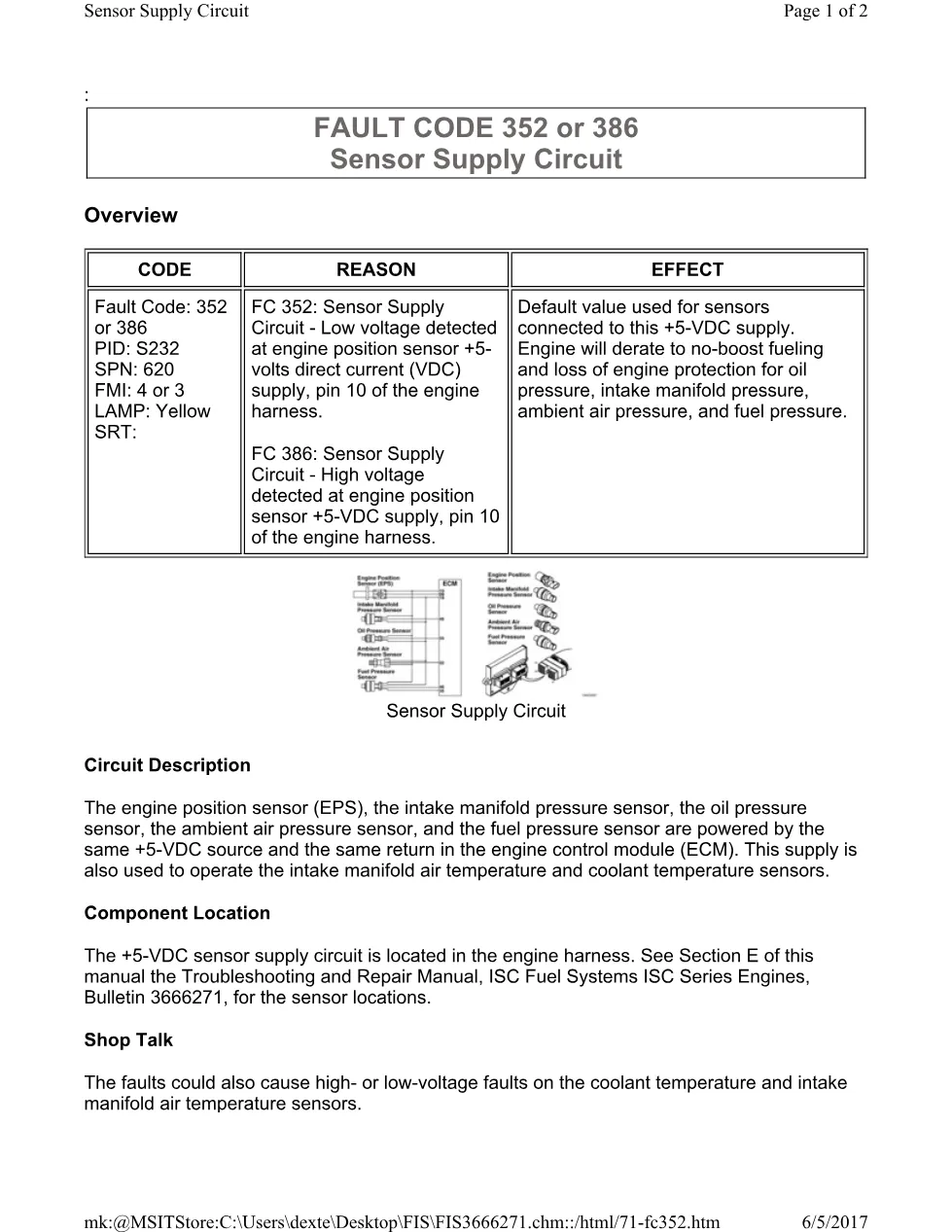 Cummins 352 supply circuit ? fault code 352 or 386 sensor supply - preview page 1 of 2