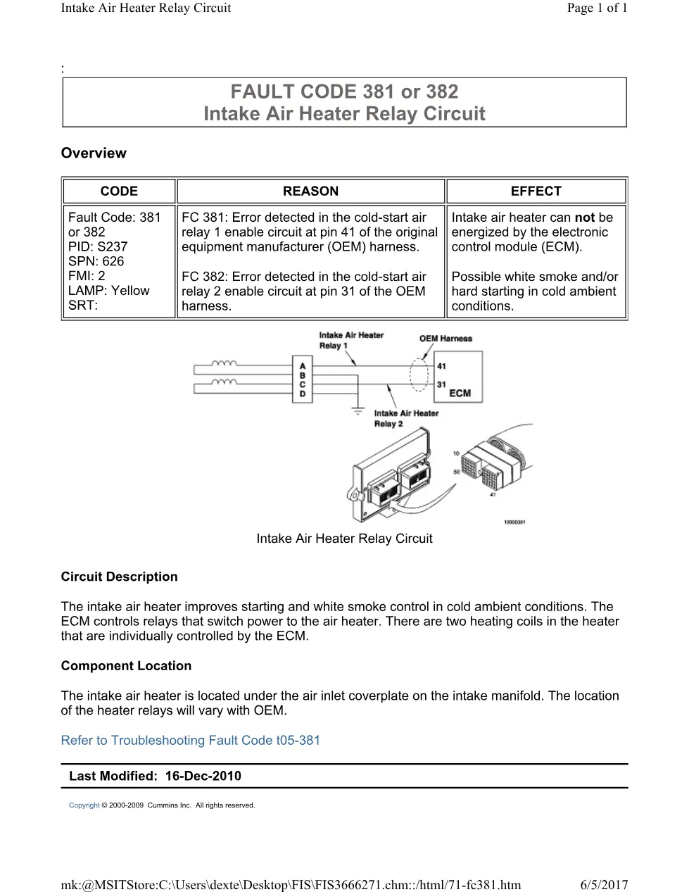 Cummins 381 heater relay ? fault code 381 or 382 intake air - page 1 is available after signing in