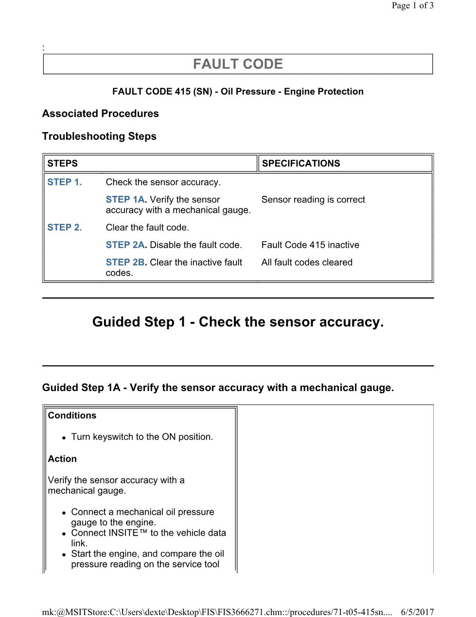 Cummins 415 oil test ? fault code 415 sensor oil pressure – Guide - preview page 1 of 3