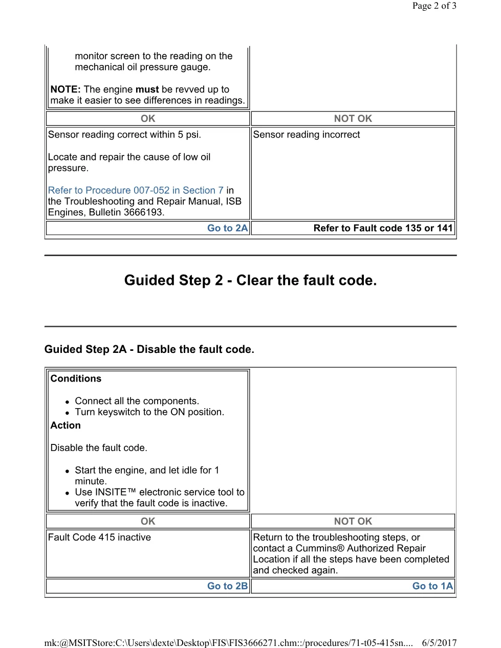 Cummins 415 oil test ? fault code 415 sensor oil pressure – Guide - preview page 2 of 3