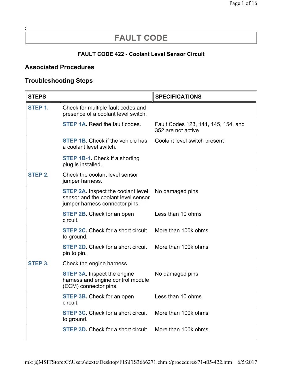 Cummins 422 coolant test ? fault code 422 coolant level sensor - preview page 1 of 3