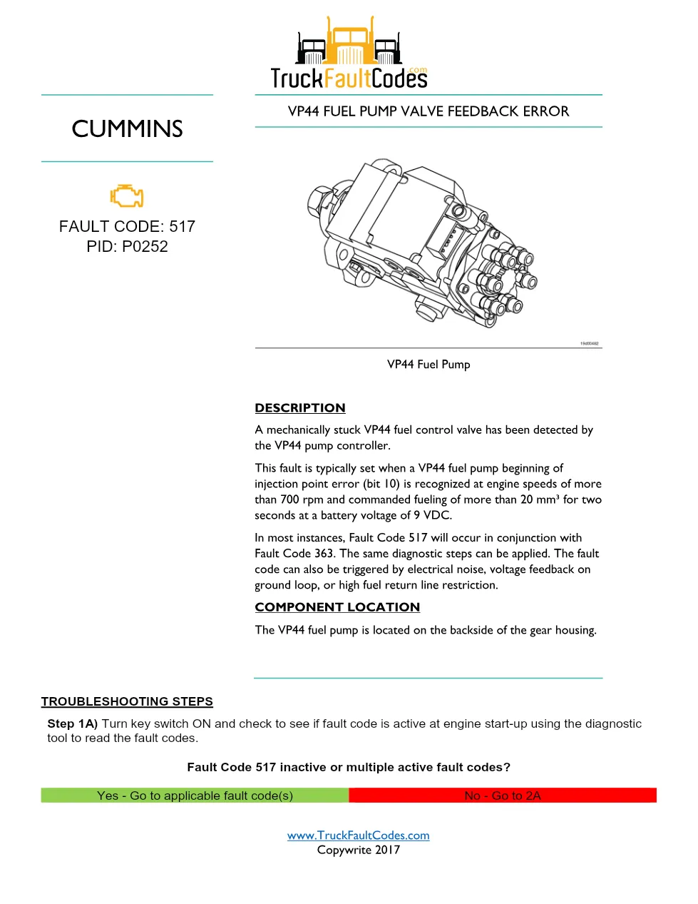 Cummins 517 troubleshooting manual — Fault Code 517 VP44 Fuel - preview page 1 of 3