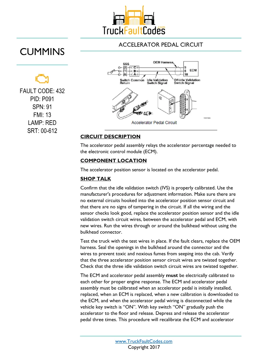 Cummins accelerator pedal circuit — Fault Code 432 SSS (P091, FMI - preview page 1 of 6