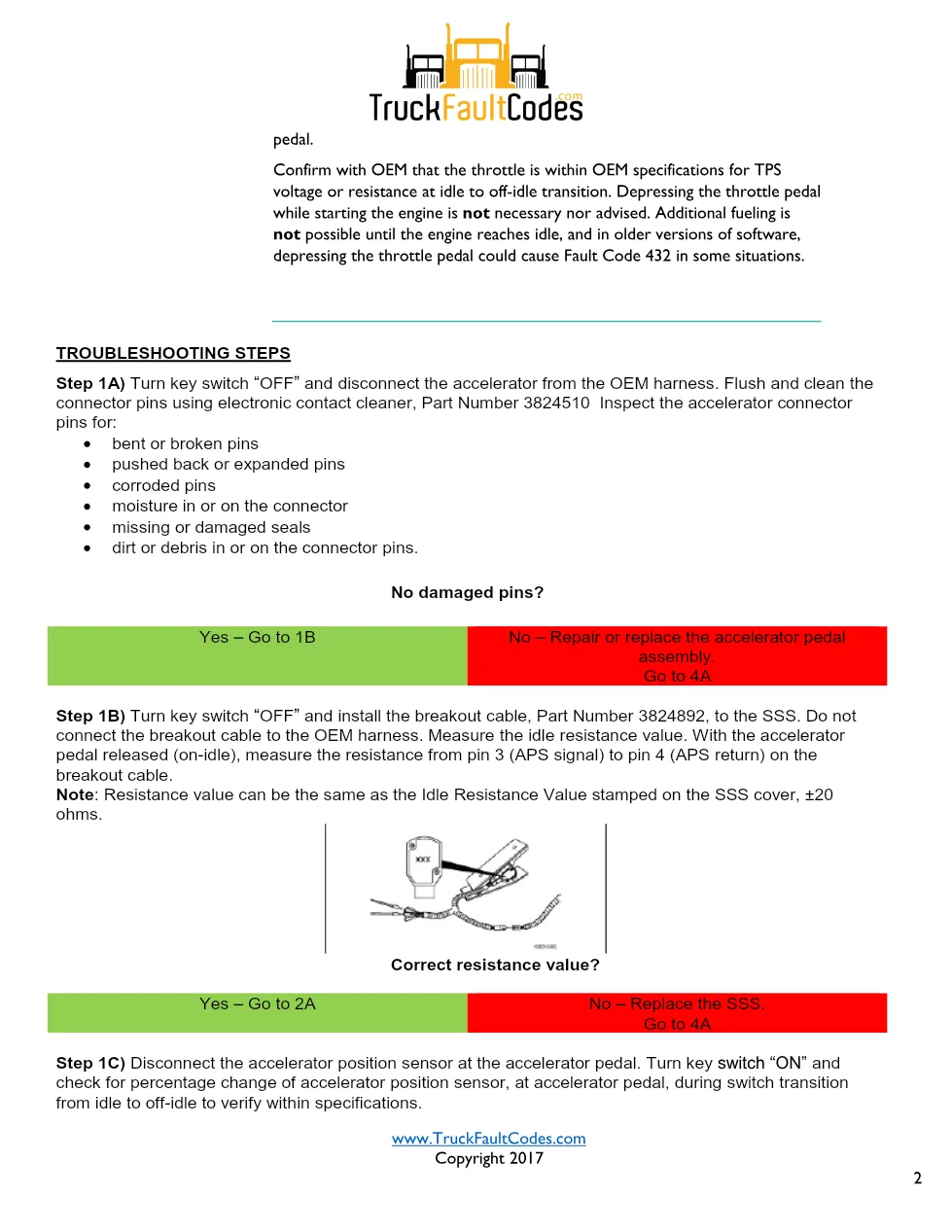 Cummins accelerator pedal circuit — Fault Code 432 SSS (P091, FMI - preview page 2 of 6