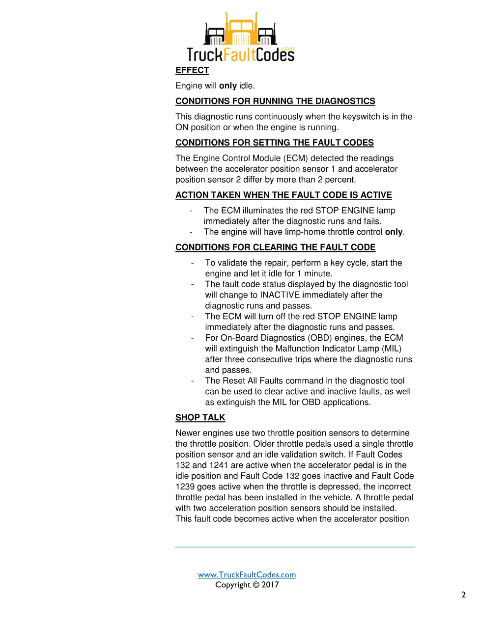 Cummins accelerator pedal sensor troubleshooting — Fault Code - preview page 2 of 3