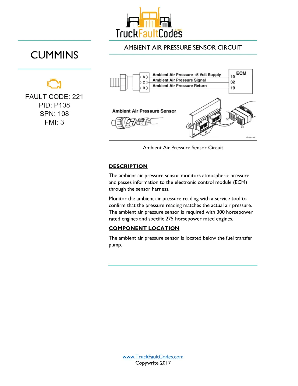 Cummins ambient pressure sensor troubleshooting manual — Fault - preview page 1 of 3