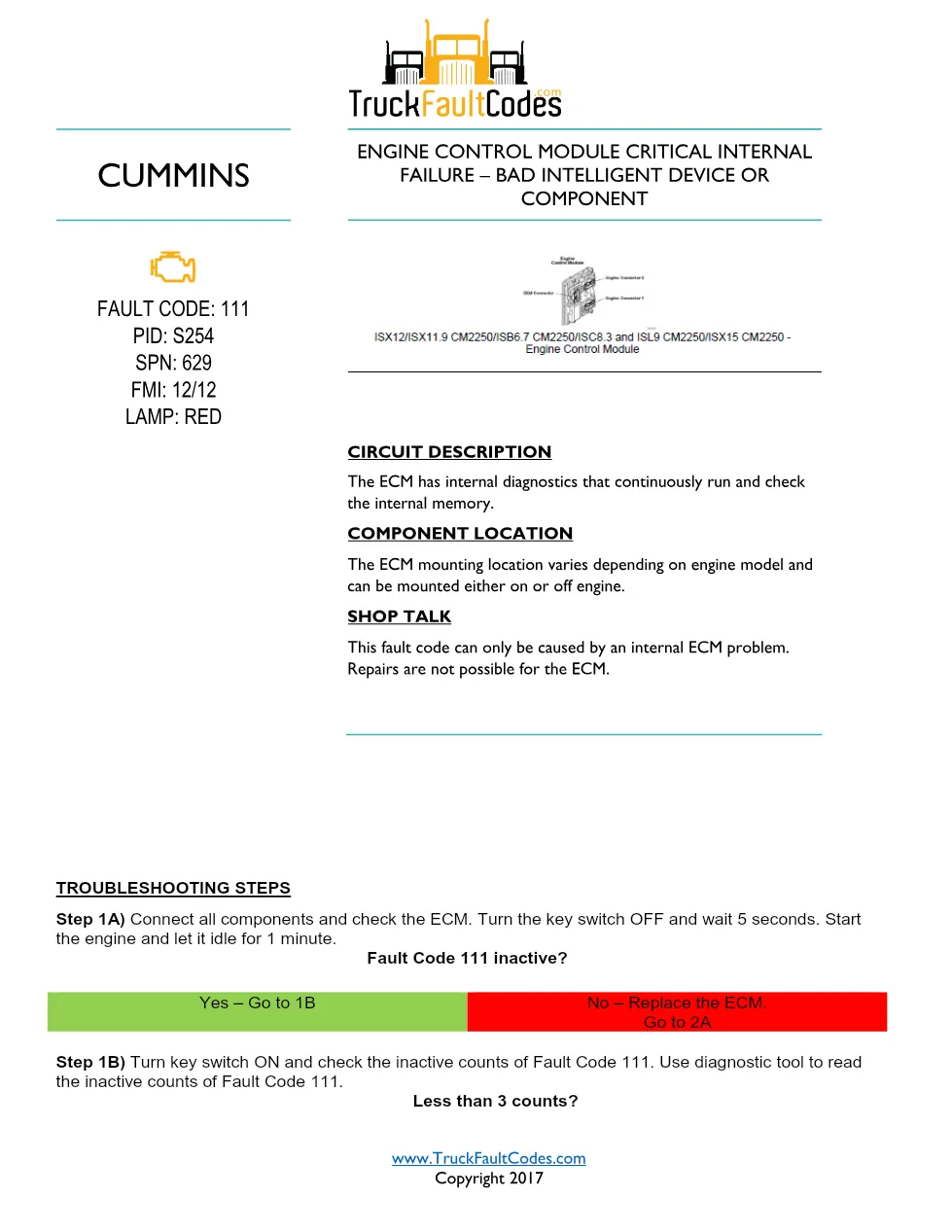 Cummins CM2250 111 DTCs Workshop Reference Code 111 – 2 pages - preview page 1 of 2