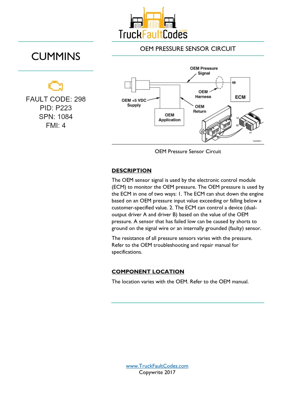 Cummins CM550 298 document — Fault Code 298 OEM Pressure Sensor - preview page 1 of 3