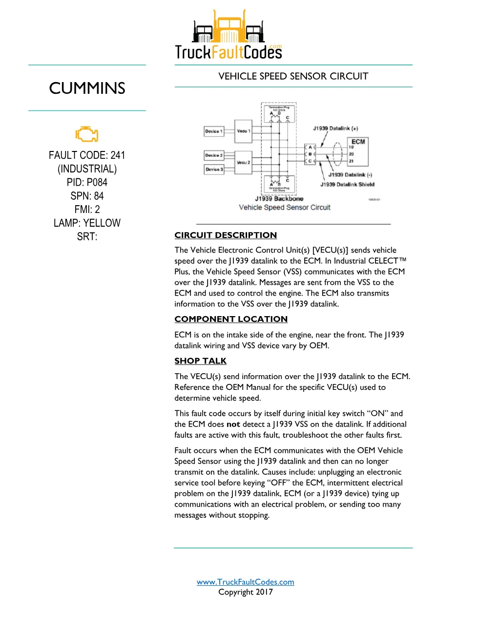 Cummins code 241 industrial — Vehicle Speed Sensor Circuit - preview page 1 of 4