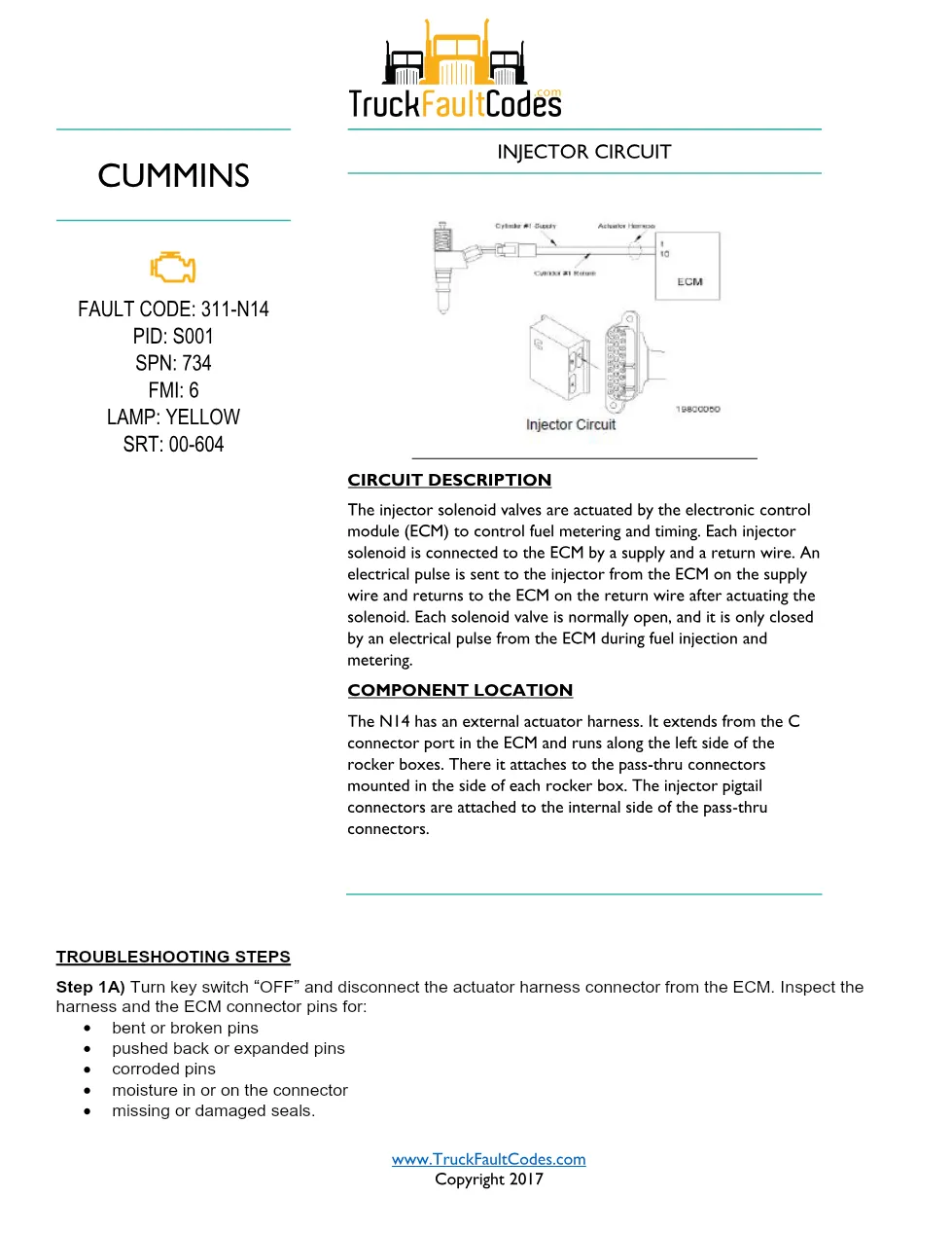 Cummins code 311 N14 — Injector Circuit manual, Bulletin 3666130 - preview page 1 of 3